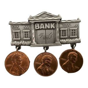 US Bank With Real Pennies Brooch Signed JJ